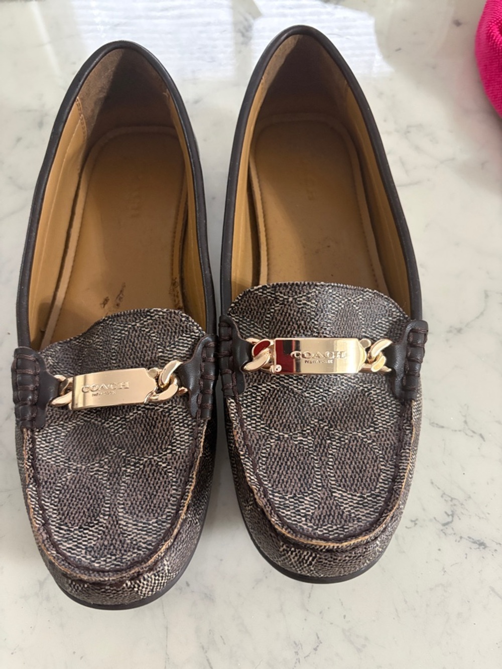Coach Brown Signature Jacquard Slip-On Loafers with Gold Plaque